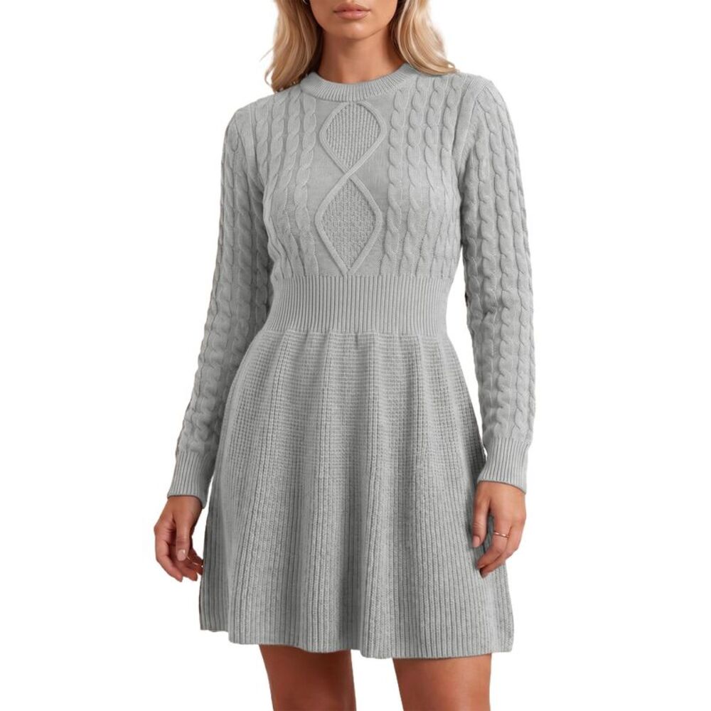 Women Casual Cable Knit Long Sleeve Crewneck Sweater Dress Gray